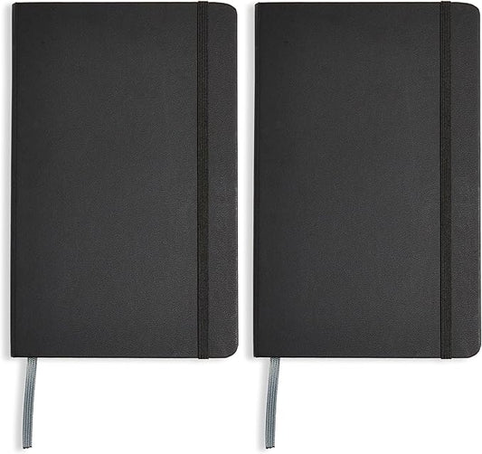 Amazon Basics Classic Lined Writing Notebook for Note Taking and Journaling, Hardcover with Elastic Closure, 240 Pages, 5" x 8.25", Black (Pack of 2)