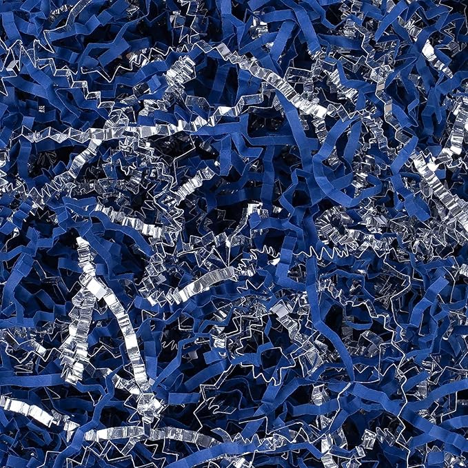 TANMWZK Crinkle Cut Paper Shred Filler 2 LB Gift Wrapping & Gift Basket Filler for Christmas,Halloween & Wedding Decorations,Easter Basket Grass Filler,Crafting Activities (Royal Blue and Silver)