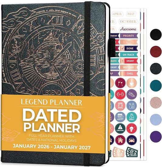 Legend Planner Jan 2026 – Jan 2027 Dated Weekly & Monthly Planner to Hit Your Goals, Increase Productivity & Live Happier. Organizer Notebook & Productivity Journal. A5 Hardcover (Mystic Gray)