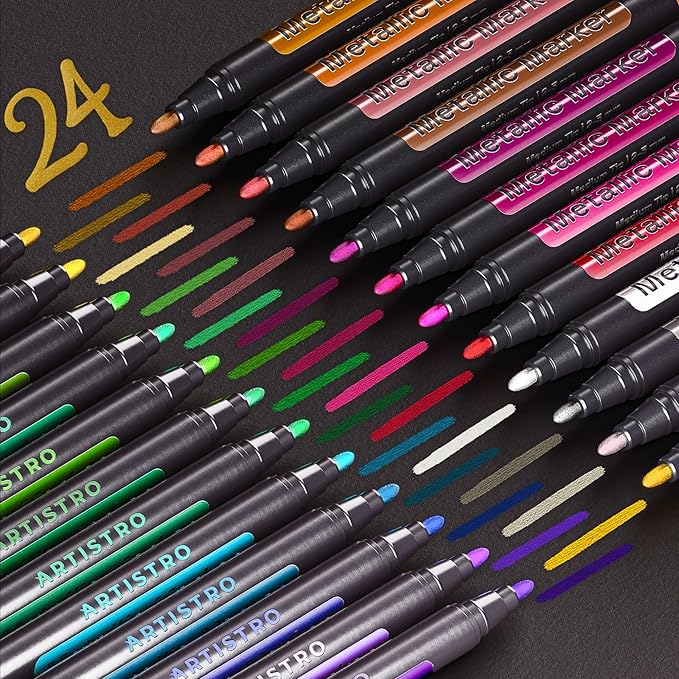 ARTISTRO 24 Metallic Acrylic Paint Markers - Medium Point Paint Pens for Rock, Wood, Glass, Ceramic, Black Paper, Scrapbooking Crafts, Card Making, DIY Photo Album, Ceramic