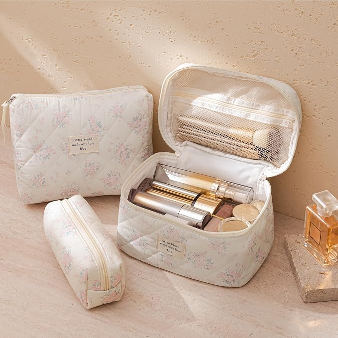 HBselect Quilted Makeup Bag, 3Pcs Cotton Large Travel Makeup Bags Organizer | Cute Floral Make up Bag Cosmetic Bag Toiletry Bag for Women Girls, Makeup Pouch for Skincare, Brushes & Travel Essentials