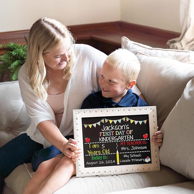 First Day of School Sign (15"x11.5"), Reusable Chalkboard, Easy-to-Clean with Real Wooden Ruler Frame, Handmade in USA by Bloom Owl, Perfect Back to School Chalkboard Sign, First and Last Day