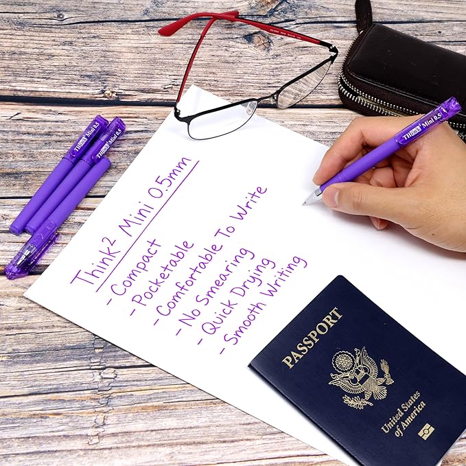 THINK2MASTER [24 Pens - Purple Ink Think2 0.5mm Pocketable Gel Pens. (24 Purple) Fine Point Rollerball Pens with Smooth Quick Drying Ink.
