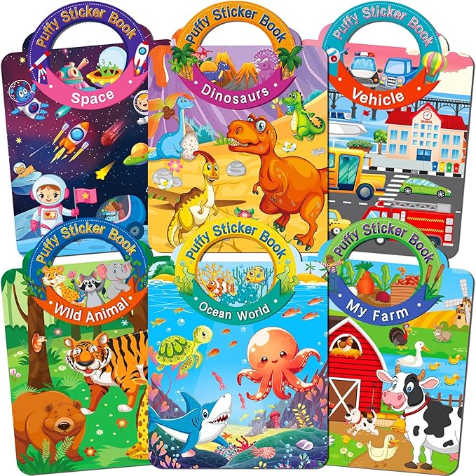 Elfew 6Pack Reusable Sticker Books for Toddlers 2-4, 3D Puffy Sticker Books for Kids Ages 1-3 3-5 with 6 Themes, Waterproof Mess-Free Sticker Activity Book, Travel Toys Birthday Gifts for Boys Girls