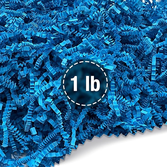 FRILLZ Crinkle Cut Paper Shred Filler for Baskets, Gifts, Packing and Protecting your Birthday, Weddings, Anniversary, Valentines Day, and other gifts (1 pound, Blue)