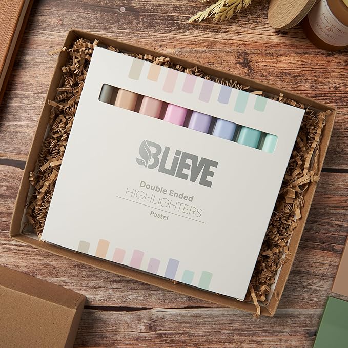 BLIEVE Aesthetic Cute Highlighters No Bleed Through, Dual Tip Chisel & Fine Point, Pastel Colors For Bible & Journaling