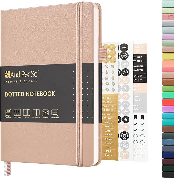 &And Per Se Dotted Journal Notebook, A5 Hardcover Leather Dotted Journal, 160 Pages 100gsm Thick Dot Grid Paper, 3 Sheets of Stickers Included - 5.7'' x 8'' (Apricot)
