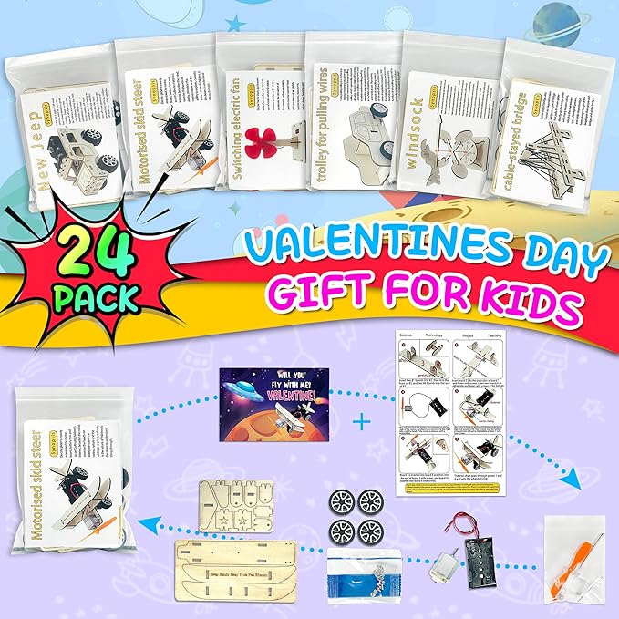 kortes Valentines Day Cards for Kids Classroom, 24 Pack Valentines Gift Cards with Stem Kits, Valentine's Party Favors Toys for Boys Girls and Valentine School Exchange Gifts Greeting Cards
