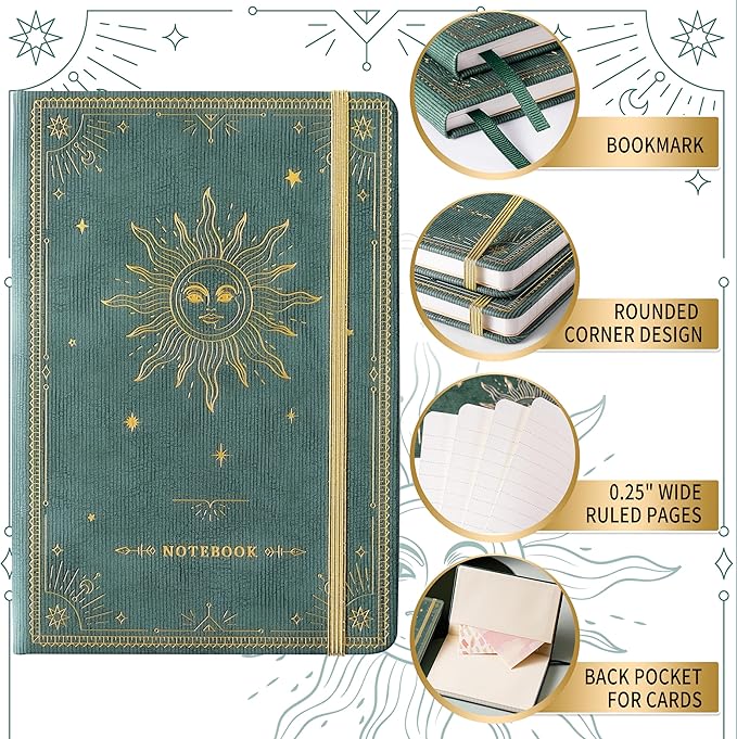 Artfan Ruled Notebook/Journal – Premium Thick Paper Faux Leather Classic Writing Notebook with Pocket + Page Dividers Gifts, Banded, Large, 144 Pages, Hard Cover, Lined (5.8 x 8.4) - Cyan
