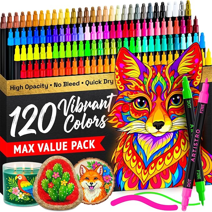ARTISTRO 120 Precision Dual-Tip Acrylic Paint Markers – Paint Pens Set with Dot & Fine Tips for Fabric, Rock, Glass, Wood, Coloring Books – Arts & Crafts Gift – Classroom Must Haves & School Supplies