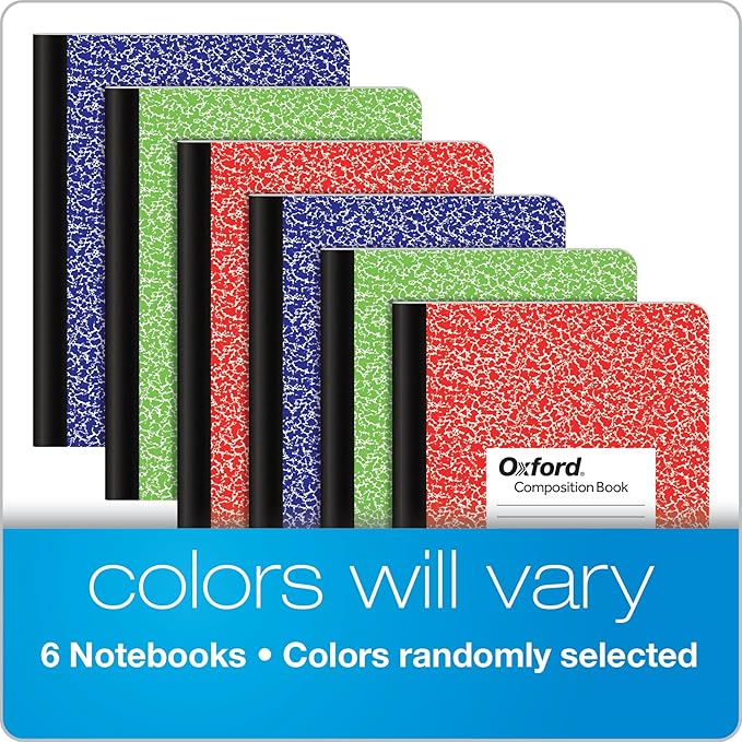 Oxford Composition Notebooks, 6 Pack, Cover Colors Vary, Wide Ruled Paper, 9-3/4 x 7-1/2 Inch School Journals, Assorted Marble Covers, 100 Sheets, per Book (63762)