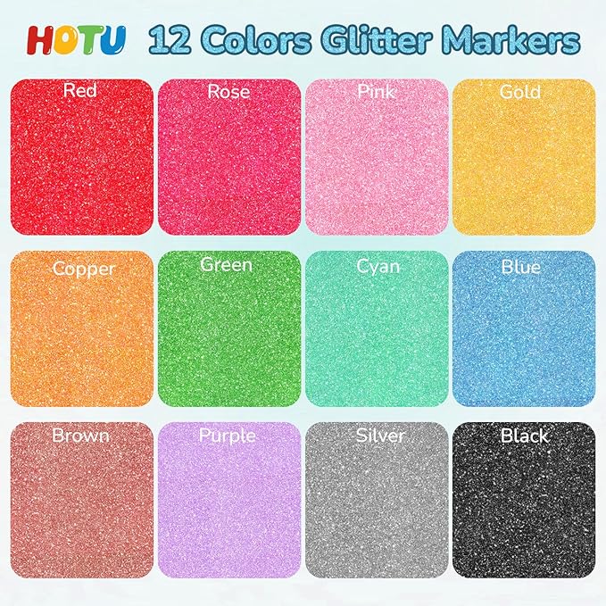 HOTU Glitter Markers Pen, 12 Glitter Colors Paint Pens Sparkly Metallic Shimmer Acrylic Marker Fine Point Tip 0.7mm Water-based Ink for Adults DIY Crafts Greeting Birthday Cards