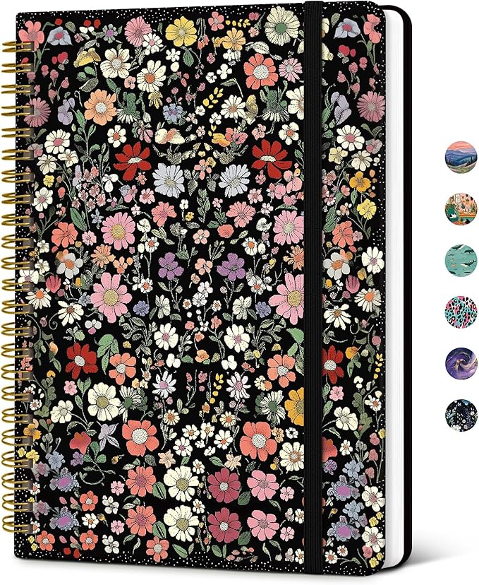 Taja Spiral Lined Journal for Women, Notebook for Work with Pretty Cover, 140 College Ruled Pages, Hardcover Notebook for Journaling, Note Taking, Bible Study, Starlit Garden