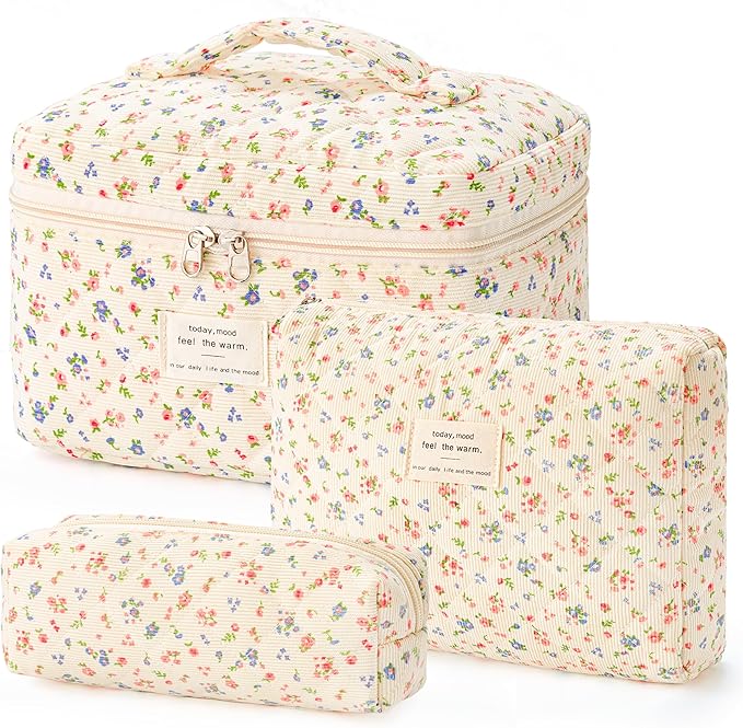 HBselect Quilted Makeup Bag, 3Pcs Cotton Large Travel Makeup Bags Organizer | Cute Floral Make up Bag Cosmetic Bag Toiletry Bag for Women Girls, Makeup Pouch for Skincare, Brushes & Travel Essentials
