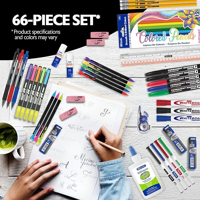 BAZIC PRODUCTS School Supplies Kit – 66 Piece Set for K–12 Students, Stationery Essentials with Colored Pencils, Markers, Pencils, Glue, Erasers, Highlighters, & Correction Tape, 1-Pack
