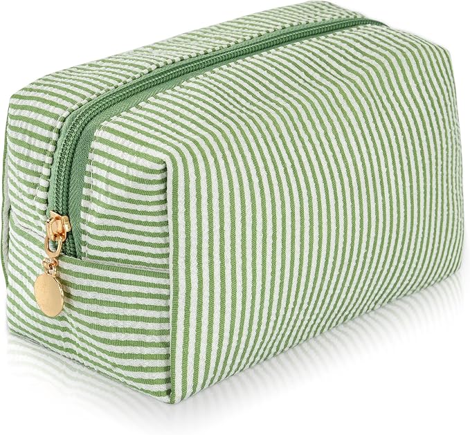 Makeup Bag Travel Toiletry Bag for Women, Small Cosmetic Bags Cute Stripe Green Aesthetic Organizer Makeup Pouch for Purse Emergency Bag Pencil Case Accessory Bag