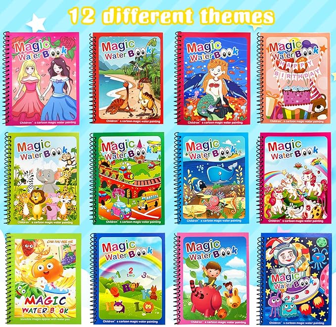 Dduolammng 12 Pack Cartoon Paint Books, Reusable Water Painting Book, Educational Gifts