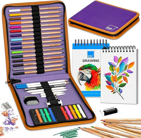 COLOUR BLOCK Drawing Travel Art Set - 60 sheets 6 x 8 Inches Drawing Pad,16 wood Colored Pencils, 12 Soft Pastels Set, 2 Sketching Pencils, and 8 Assorted Tools