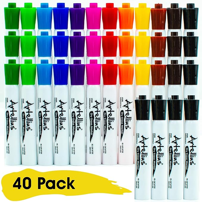 Artellius Dry Erase Markers - Low Odor Ink & Whiteboard Markers - Washable Dry Erase Pens for Kids & Teacher Supplies - School Supply Bulk & Classroom Must Haves - Pack of 40, Assorted Colors