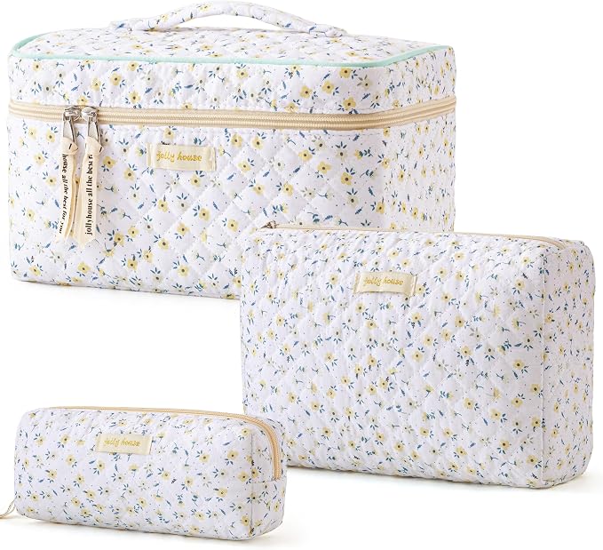 HBselect Quilted Makeup Bag, 3Pcs Cotton Large Travel Makeup Bags Organizer | Cute Floral Make up Bag Cosmetic Bag Toiletry Bag for Women Girls, Makeup Pouch for Skincare, Brushes & Travel Essentials