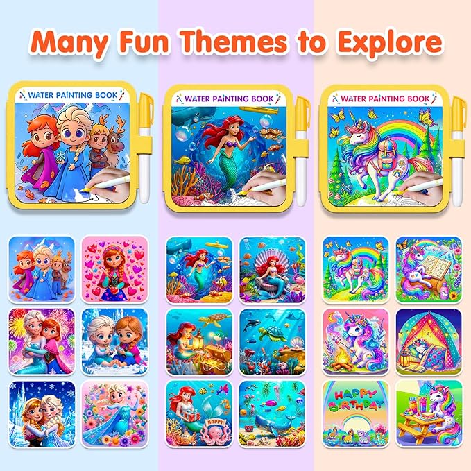 ZHOC Reusable Water Painting Books for Kids – 3 Pack Magic Water Reveal Coloring Books with Water Pens (Unicorn, Ice World & Mermaid) No-Mess Coloring Book Fun Travel Activity for Ages 3–8