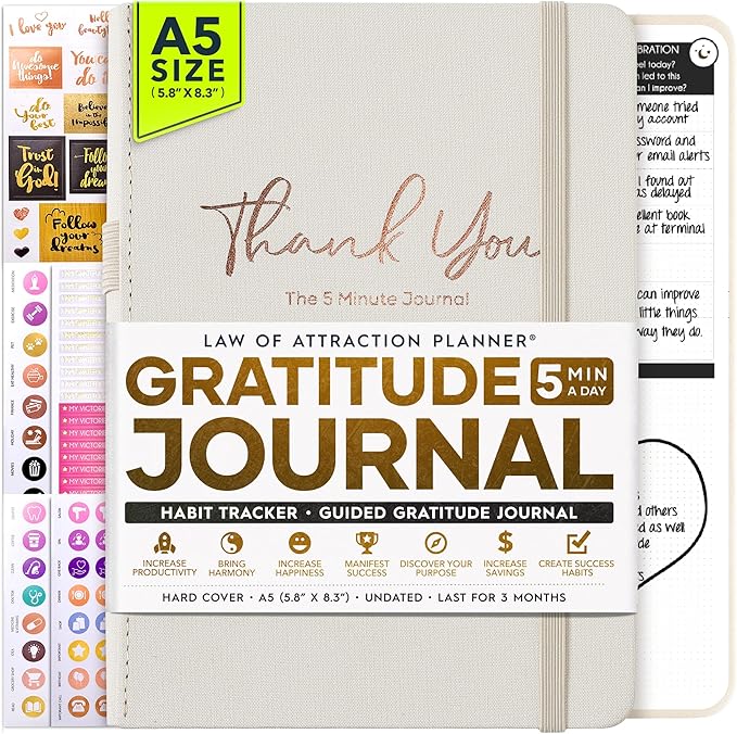 Gratitude Journal for Women and Men — 5 Minute Self Care Journal | Mindfulness, Manifestation, Affirmation | 3 Month Productivity Planner | Undated Daily Planner, Vision Board + Stickers