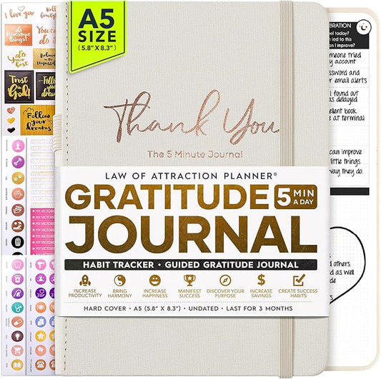 Gratitude Journal for Women and Men — 5 Minute Self Care Journal | Mindfulness, Manifestation, Affirmation | 3 Month Productivity Planner | Undated Daily Planner, Vision Board + Stickers