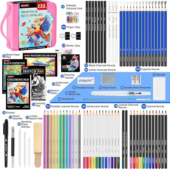 133 Pack Art Supplies Sketching Kit with Sketch Book, Coloring Book, Watercolor Pad, Black Paper Pad, Tutorial, Graphite Colored Charcoal Watercolor & Metallic Pencils for Artists Beginners Adults
