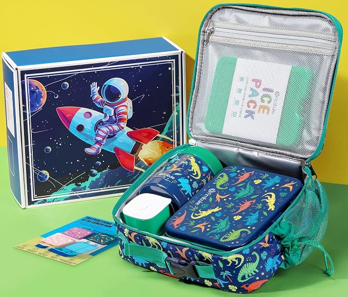 Fimibuke Bento Lunch Box for Kids Toddler Boys with 12OZ Insulated Food Jar | 3-Compartment 32OZ Snack Lunch Container Bento Box, Lunch Bag & Ice Pack Set for Age 3-12 School Daycare Camp, Dinosaur