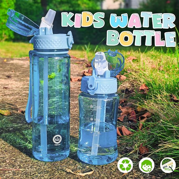 OLDLEY 12oz Kids Water Bottle, Tritan BPA-Free, Leakproof Flip Straw Lid, Motivational Time Marker, Carry Strap, Reusable Clear Water Bottle for Boys & Girls,Baby Blue