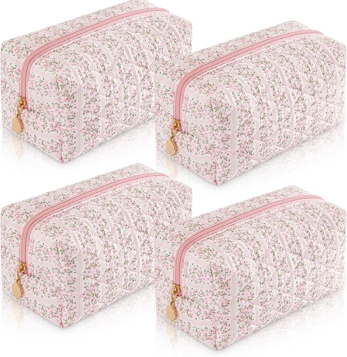 4PCS Makeup Bag Travel Toiletry Bag for Women, Small Cosmetic Bags Aesthetic Organizer Quilted Cotton Makeup Pouch & Purse Emergency Bag Floral Pencil Case Accessory Bag, Pastel Pink