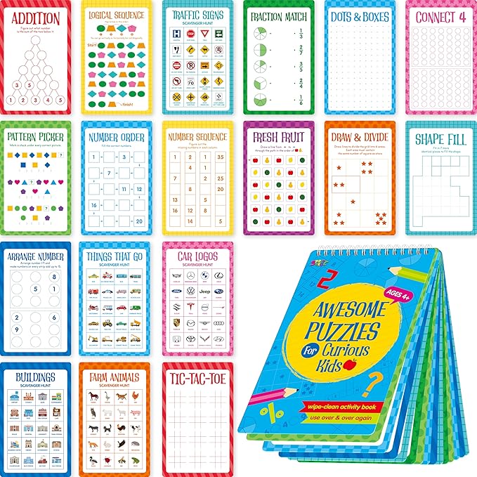 Logic Puzzles Game Pad, 30 Reusable & Erasable Logical Thinking Games-Sudoku, Scavenger Hunt, Math Games, Dry Erase Brain-Boosting Puzzles Activities Pad for Kids, Road Trip, Airplane & Car Travel