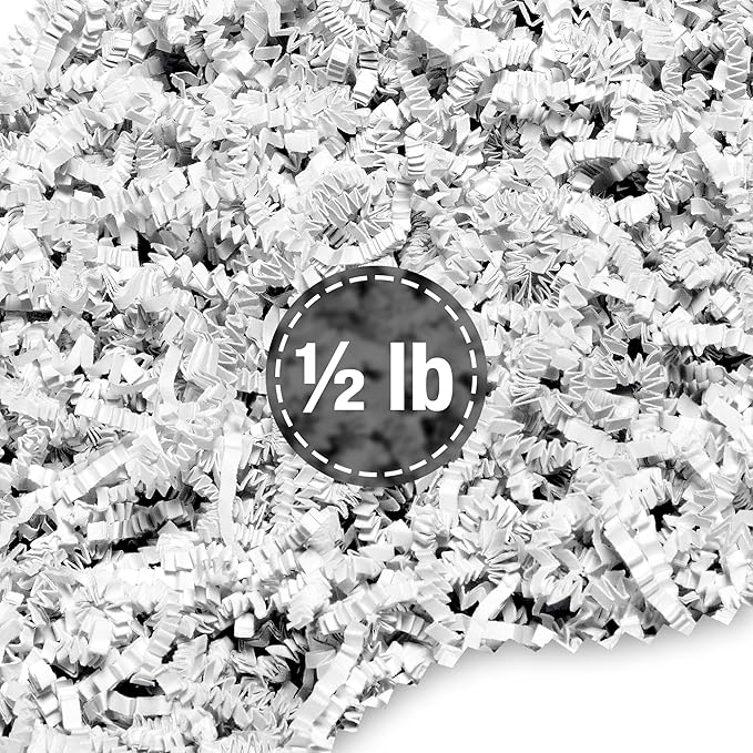 FRILLZ Crinkle Cut Paper Shred Filler for Baskets, Gifts, Packing and Protecting your Birthday, Weddings, Anniversary, Easter, and other gifts (1/2 pound, White)
