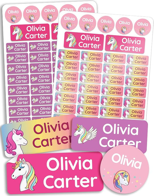Personalized Daycare Name Labels for Kids [210pcs, Dreamy Unicorns] - Waterproof Name Stickers for School, Baby Bottles & Clothing - Custom Name Stickers - Washable Stick On Labels (Various Sizes)
