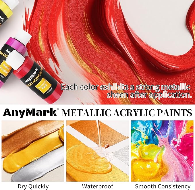 AnyMark Metallic Acrylic Paint, 24 Colors with 10 Brushes, 2 fl oz/60ml Bottles, Glitter Acrylic Paint Set for Kids Adults Canvas, Rock, Wood