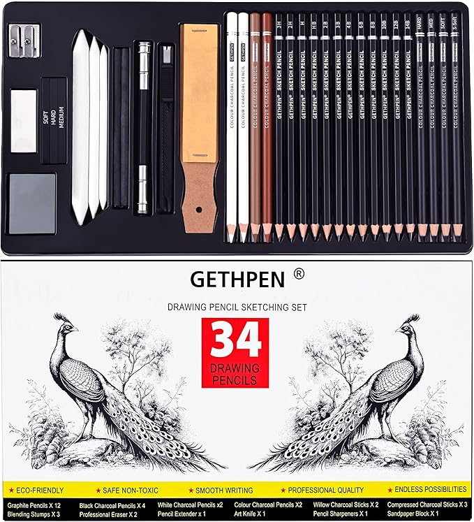 GETHPEN Sketch Pencils for Drawing,34 Pcs,Graphite Pencil (14B-4H), Charcoal Pencil,With Graphite Sticks, Erasers and Sharpener, Art Pencils for Sketching,Artist Set for Beginners and Professionals