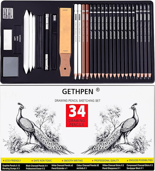 GETHPEN Sketch Pencils for Drawing,34 Pcs,Graphite Pencil (14B-4H), Charcoal Pencil,With Graphite Sticks, Erasers and Sharpener, Art Pencils for Sketching,Artist Set for Beginners and Professionals