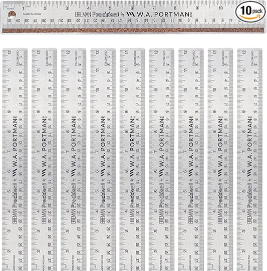 Breman Precision Metal Ruler 12 Inch Cork Back – 10 Pk Stainless Steel Straight Edge, Flexible Non-Slip Metal Ruler with Cork Backing – Imperial & Metric for Crafting, School, Workshop & Home Use
