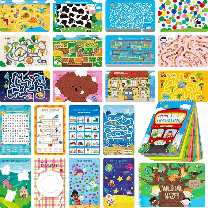 SpriteGru 2 Travel Game Pads, 61 Dry Erase Activities Games Reusable & Erasable Book, Fun Brain Challenge Games Interesting Educational Toy and Learning Tool for Road Trip Airplane Travel
