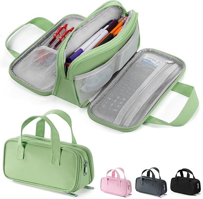 Zannaki Large Pencil Case, Big Capacity Pencil Pouch Pen Bag with 3 Compartment, Portable Canvas Stationery Organizer with Zipper, Cute Aesthetic School Supplies for Teen Girls Boys College,Green