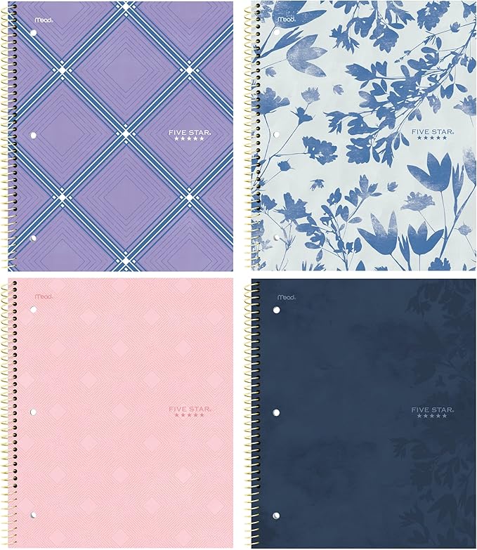 Five Star Spiral Notebook + Study App, 1 Subject, College Ruled Paper, 8-1/2" x 11", 80 Sheets, Styles, 4 Pack (850222F)