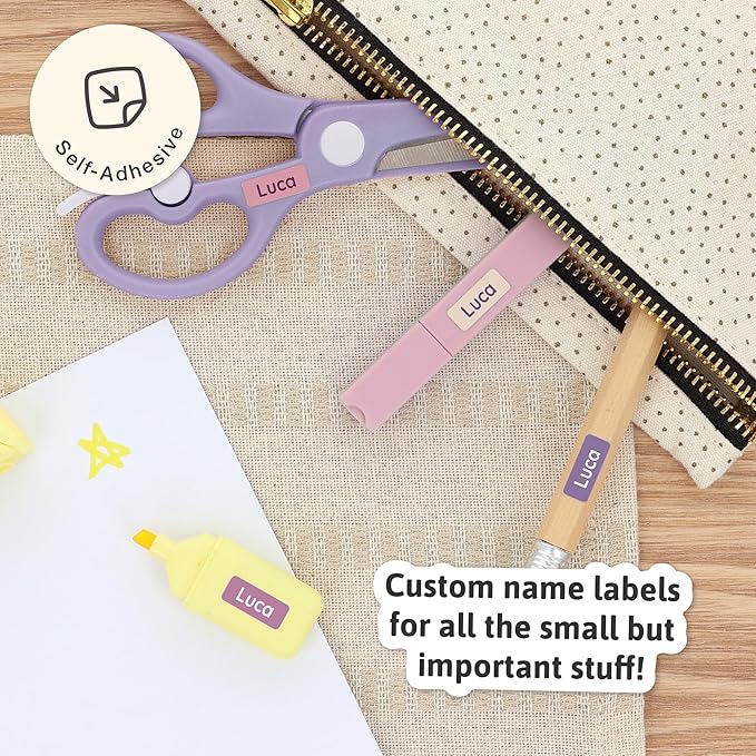 Mini Name Labels (175) - Custom Personalized Name Labels for Labeling Tiny Items, Washer and Dryer-Safe Waterproof Labels for Daycare, Preschool, and School - Purple Palette