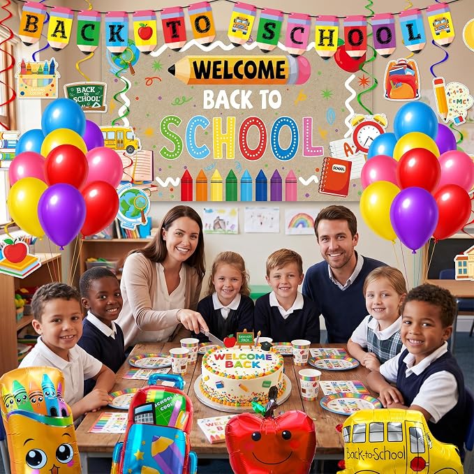 Joy Bang Back to School Decorations, Back to School Banner with Hanging Swirls Apple School Bus Pencil Balloons Welcome Back to School Photo Backdrop First Day of School Decorations Classroom Decor