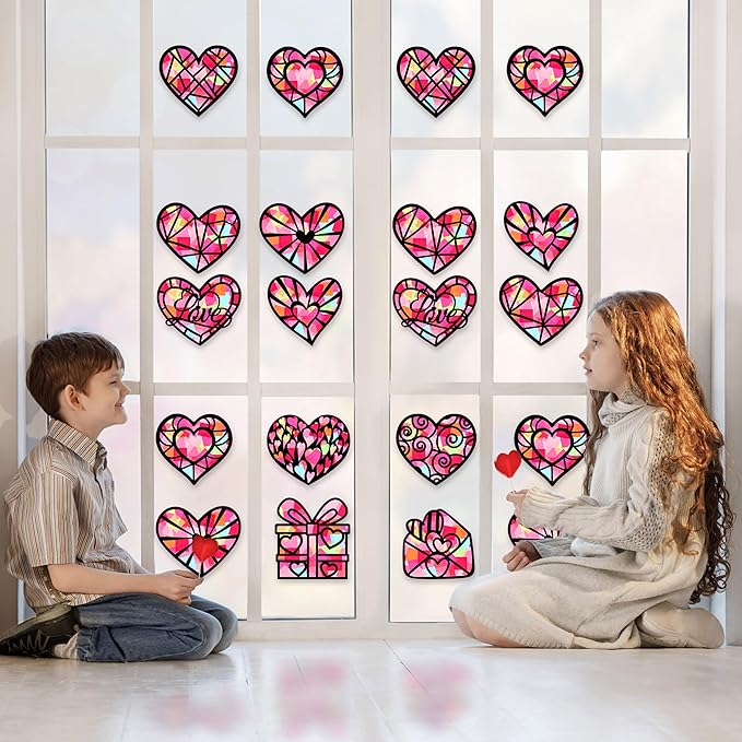 Renbuzhu 40PCS Valentines Day Crafts: Paper Heart Suncatchers, Christmas Valentine's Classroom DIY Kits, Window Stained Glass Effect Art Supplies