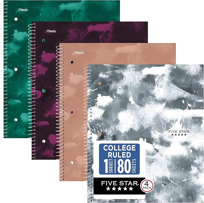 Five Star Spiral Notebook + Study App, 1 Subject, College Ruled Paper, 8-1/2" x 11", 80 Sheets, Graphics, 4 Pack (850221F)