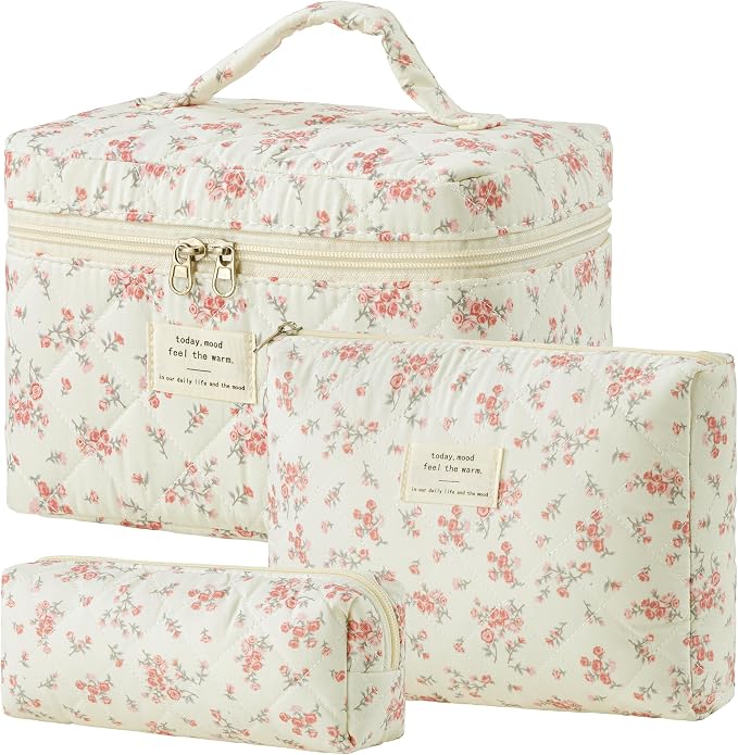 HBselect Quilted Makeup Bag, 3Pcs Cotton Large Travel Makeup Bags Organizer | Cute Floral Make up Bag Cosmetic Bag Toiletry Bag for Women Girls, Makeup Pouch for Skincare, Brushes & Travel Essentials