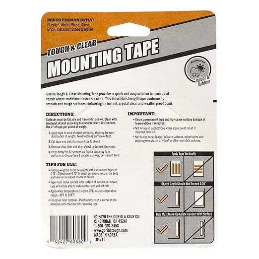 Gorilla Tough & Clear Double Sided Mounting Tape, Clear Tape, 1" x 150" - Weatherproof for Indoor or Outdoor (Pack of 6)