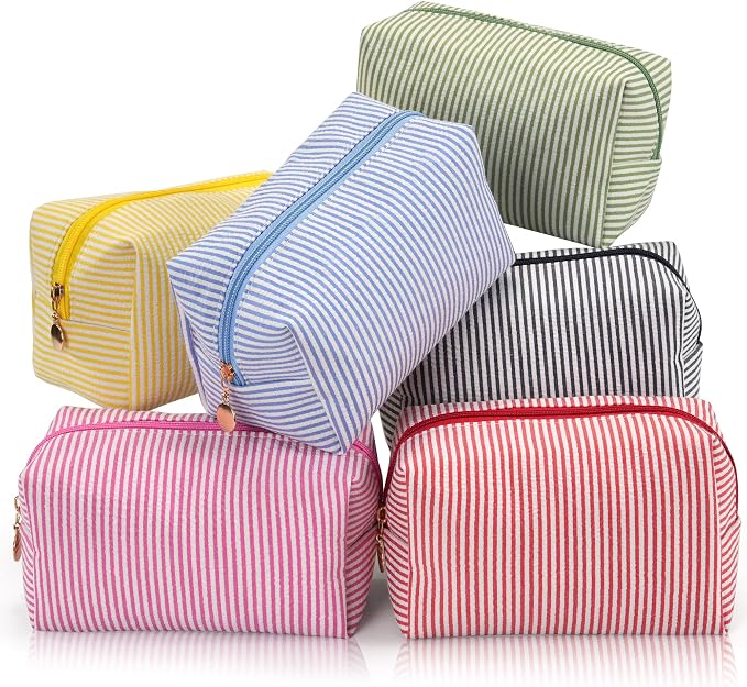 Makeup Bag Set for Women, 6PCS Travel Cosmetic Bags Pencil Case, Striped Seersucker Toiletry Organizer Pouches, Cute Makeup Pouch for Purse, Accessories and Gifts, Colorful