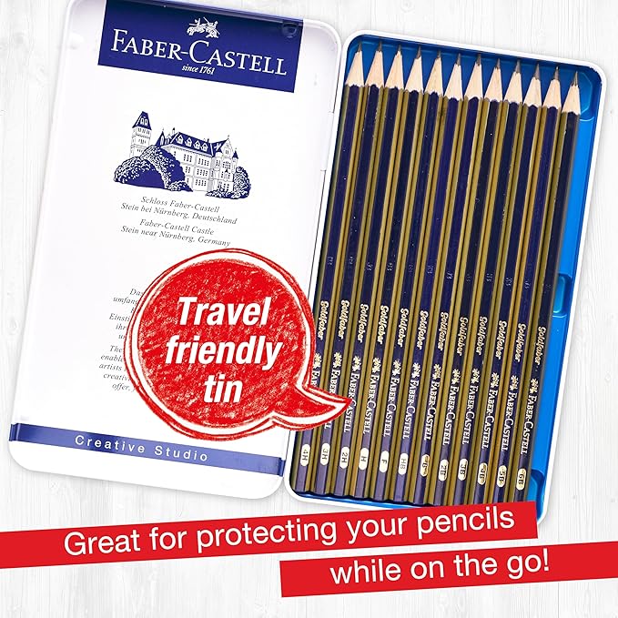 Faber-Castell Graphite Pencils Drawing Set: 12 Art Pencils for Sketching (4H, 3H, 2H, H, F, HB, B, 2B, 3B, 4B, 5B, and 6B), Shading Kit