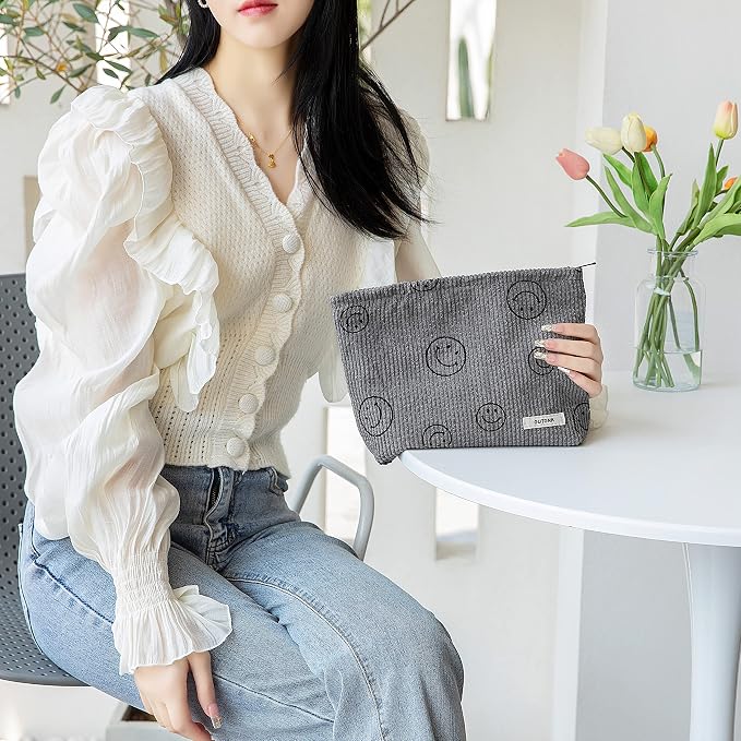 Makeup bag for Women, Corduroy Cosmetic Bag Aesthetic Design Ladies Tote Bag,Cute Smiley Face Makeup Organizer with Zipper - Gray